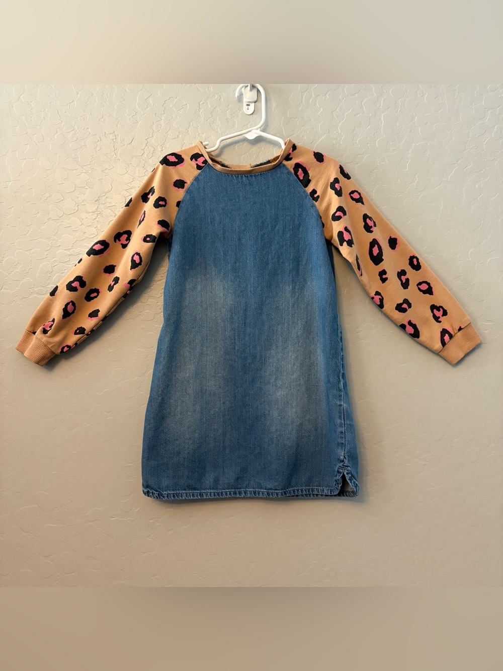 Next denim shift dress with long leopard print sleeves size 5-6y